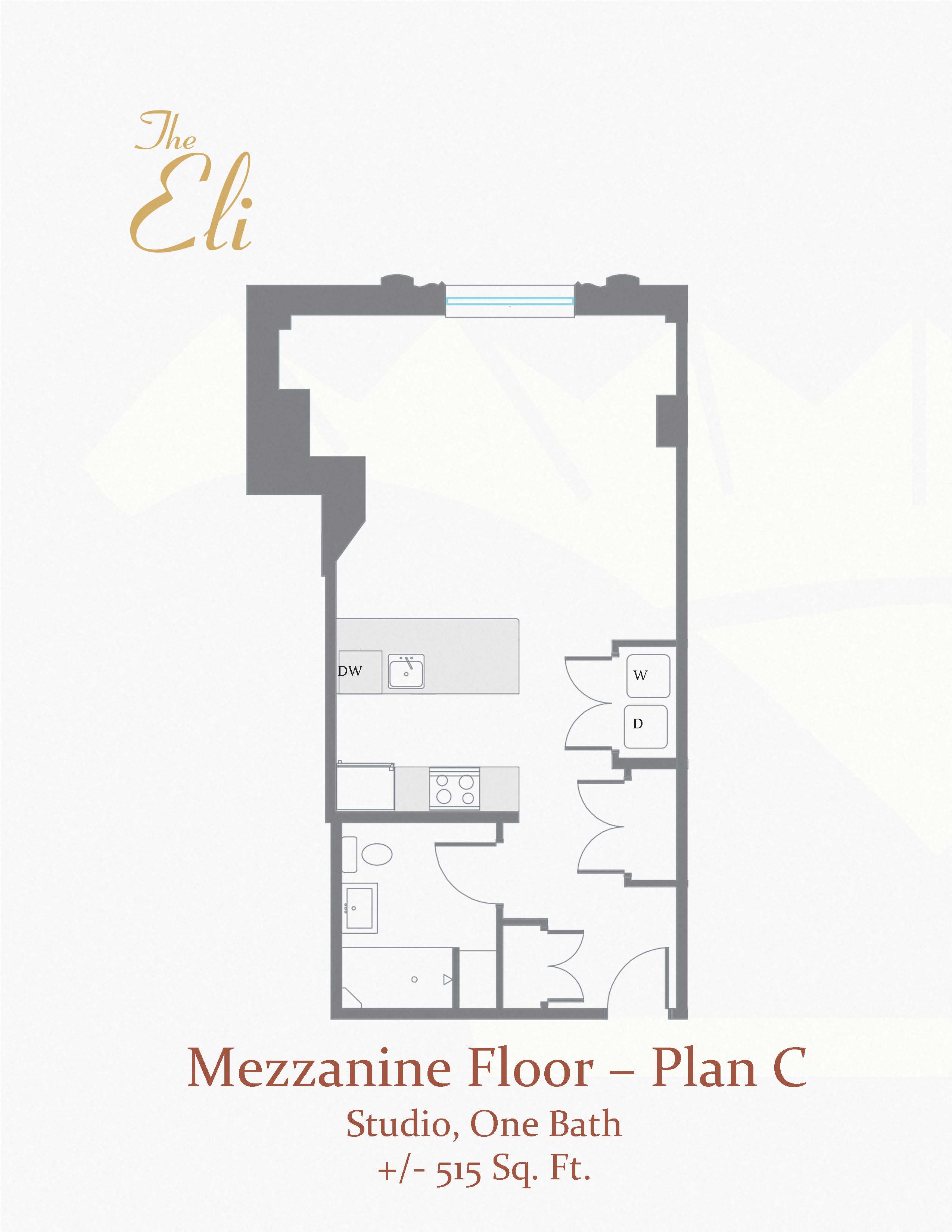 Floor plan for studio, 1 bath, 517 sqft